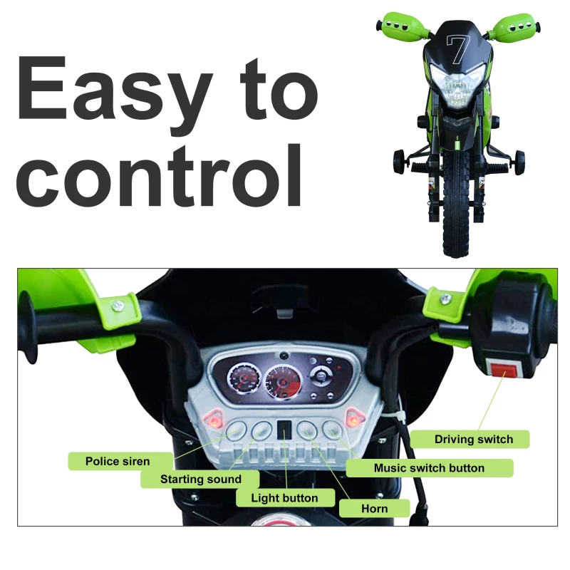 Aosom Cruising Kids Dirt Bike Electric Motorcycle with Charging 6V Battery, Real Driving Sounds, Built-In Music, Green