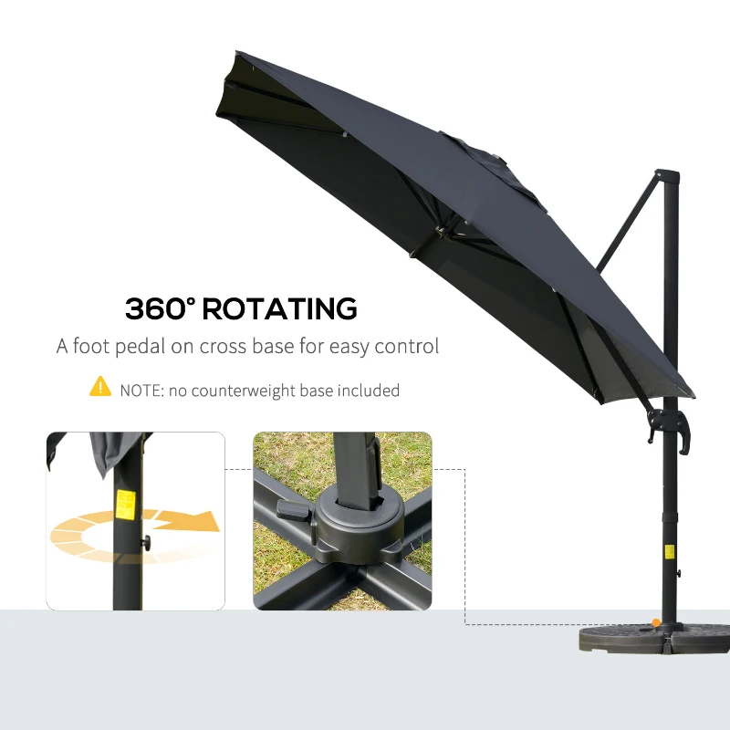 Outsunny 10x10ft Cantilever Umbrella Rotatable Square Top Market Parasol with 4 Adjustable Angle for Backyard Patio Outdoor Area Dark Grey