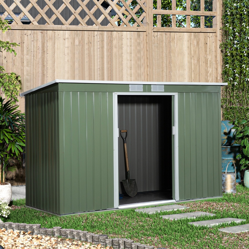 Outsunny 9' x 4' Corrugated Garden Metal Storage Shed Outdoor Equipment Tool  Box with Foundation Ventilation & Doors Light Green