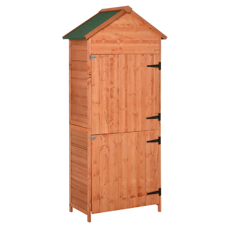 Outsunny Wood Garden Shed Outdoor Tool Storage Cabinet Hutch Lockable Unit with Double Door and 3 Tire Storage Shelves, Natural Wood