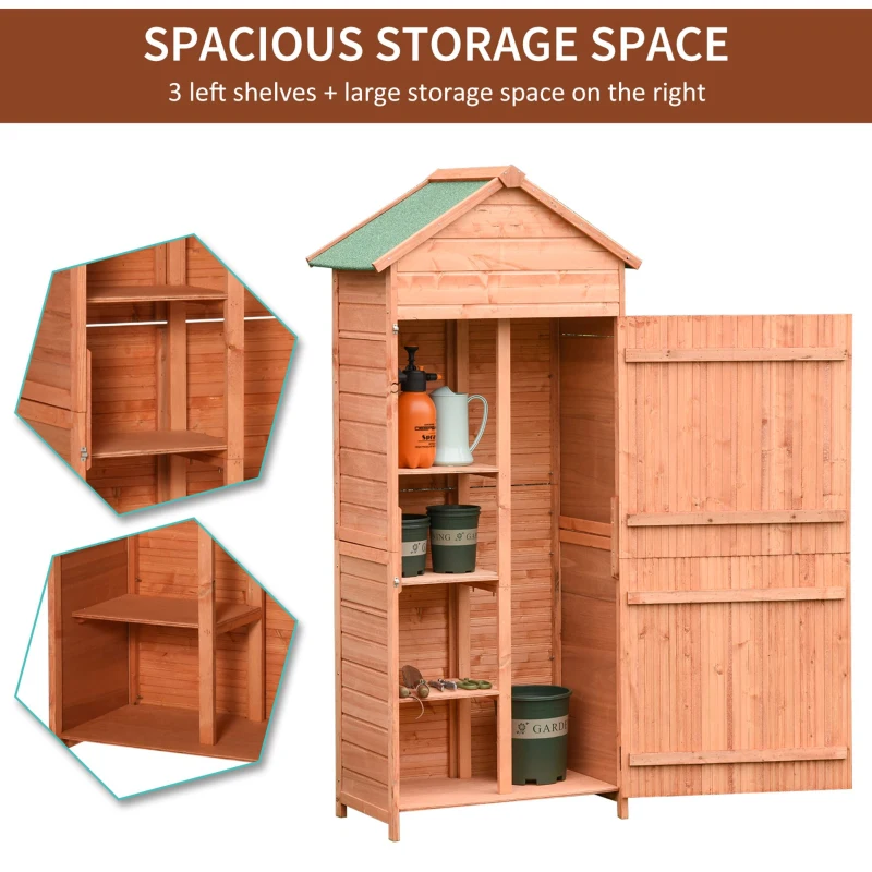 Outsunny Wood Garden Shed Outdoor Tool Storage Cabinet Hutch Lockable Unit with Double Door and 3 Tire Storage Shelves, Natural Wood