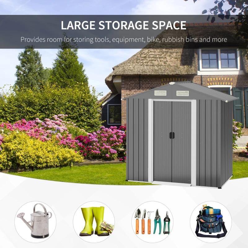 Outsunny 6.3' x 3.6' x 6' Garden Storage Shed Outdoor Patio Yard Metal Tool Storage House w Double Doors Grey