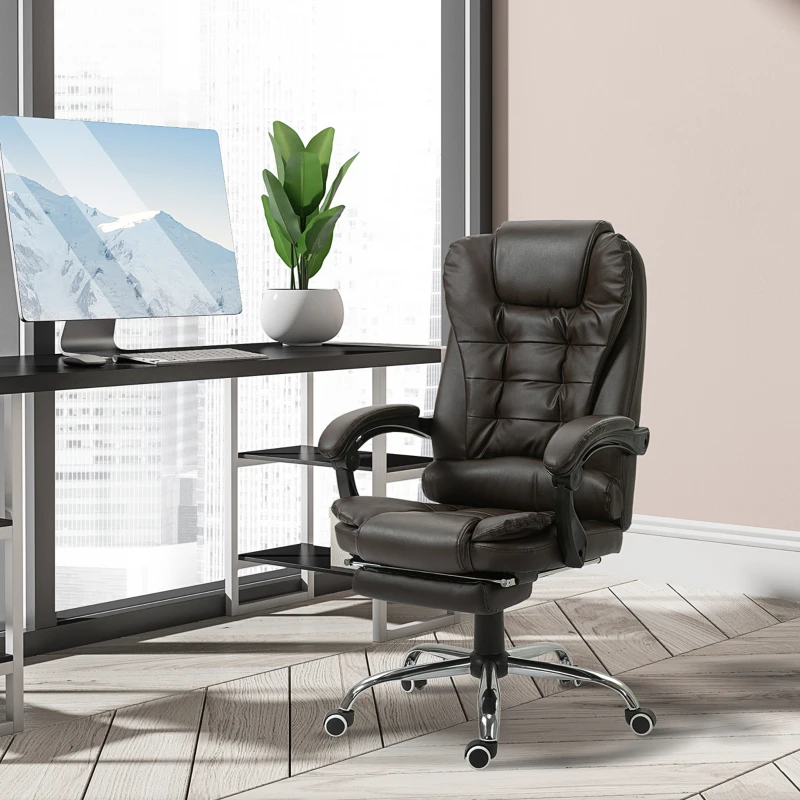 HOMCOM High Back Office Chair PU Leather Executive Office Chair with Retractable Footrest Padded Armrest Coffee