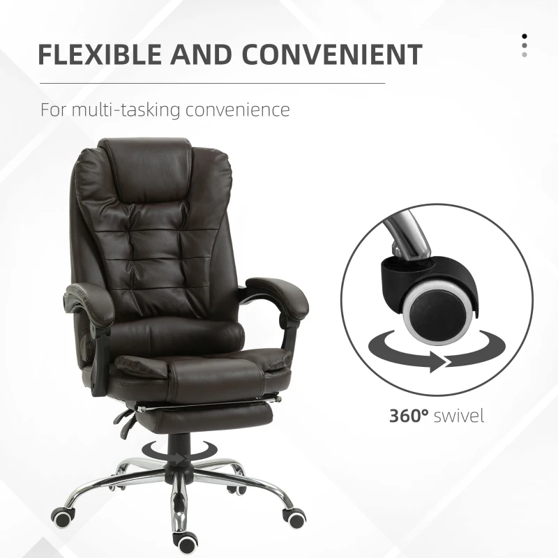 HOMCOM High Back Office Chair PU Leather Executive Office Chair with Retractable Footrest Padded Armrest Coffee