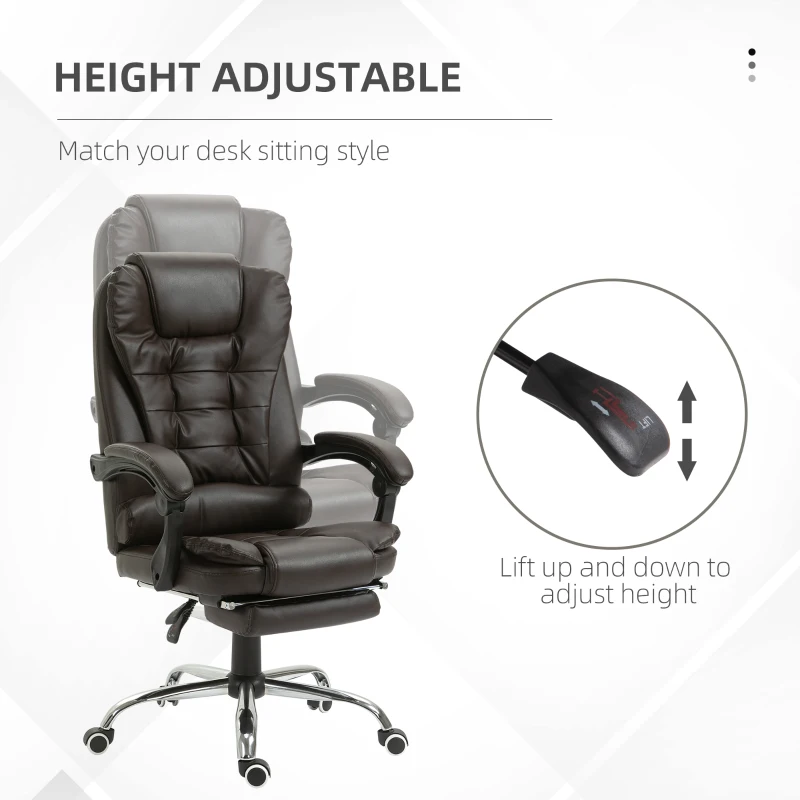 HOMCOM High Back Office Chair PU Leather Executive Office Chair with Retractable Footrest Padded Armrest Coffee
