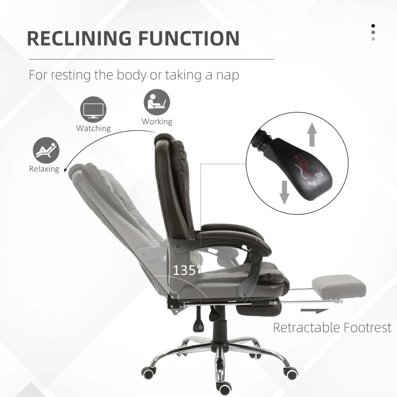 HOMCOM High Back Office Chair PU Leather Executive Office Chair with Retractable Footrest Padded Armrest Coffee