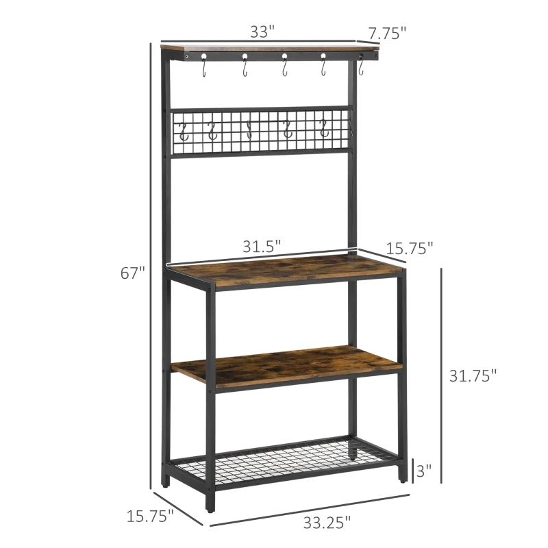 HOMCOM Industrial 4-Tier Baker's Rack with Storage Shelves, Microwave Stand with Wire Grid and Hanging Hooks, Kitchen Storage Organizer with Adjustable Feet, Rustic Brown