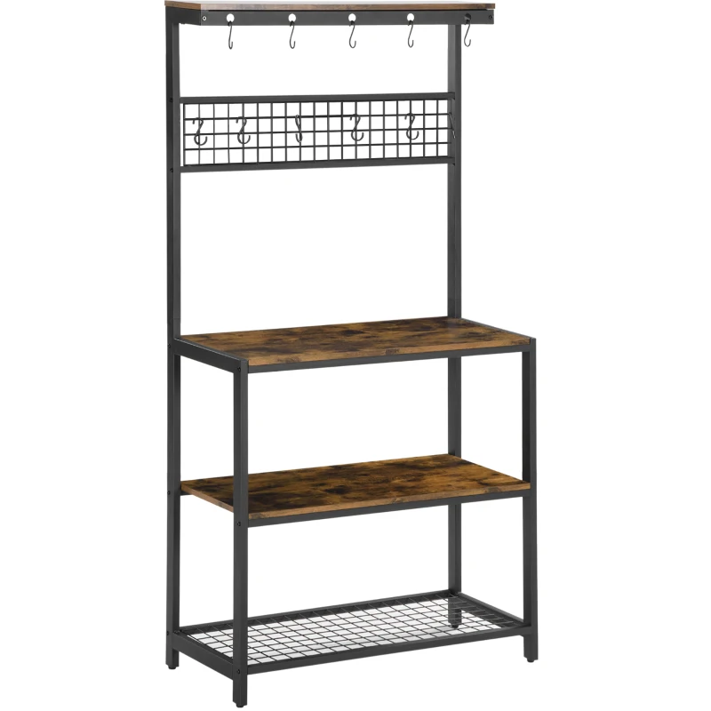HOMCOM Industrial 4-Tier Baker's Rack with Storage Shelves, Microwave Stand with Wire Grid and Hanging Hooks, Kitchen Storage Organizer with Adjustable Feet, Rustic Brown