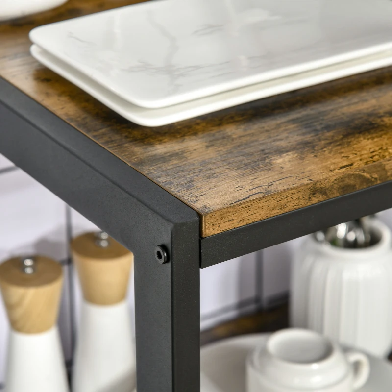 HOMCOM Industrial 4-Tier Baker's Rack with Storage Shelves, Microwave Stand with Wire Grid and Hanging Hooks, Kitchen Storage Organizer with Adjustable Feet, Rustic Brown