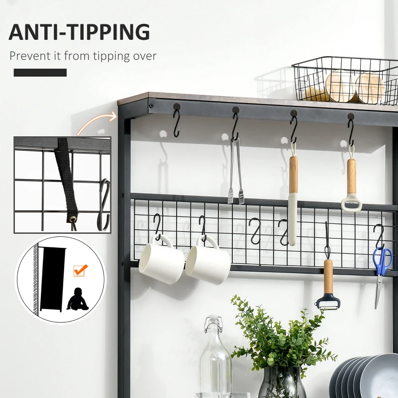 HOMCOM Industrial 4-Tier Baker's Rack with Storage Shelves, Microwave Stand with Wire Grid and Hanging Hooks, Kitchen Storage Organizer with Adjustable Feet, Rustic Brown