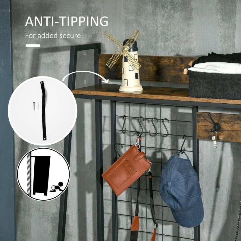 HOMCOM 3-in-1 Hall Tree, Coat Rack Shoe Bench, Coat Hanger with Wire Grid, Hanging Hooks, Mesh Storage Shelves for Hallway, Entryway, Rustic Brown