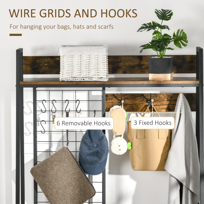 HOMCOM 3-in-1 Hall Tree, Coat Rack Shoe Bench, Coat Hanger with Wire Grid, Hanging Hooks, Mesh Storage Shelves for Hallway, Entryway, Rustic Brown