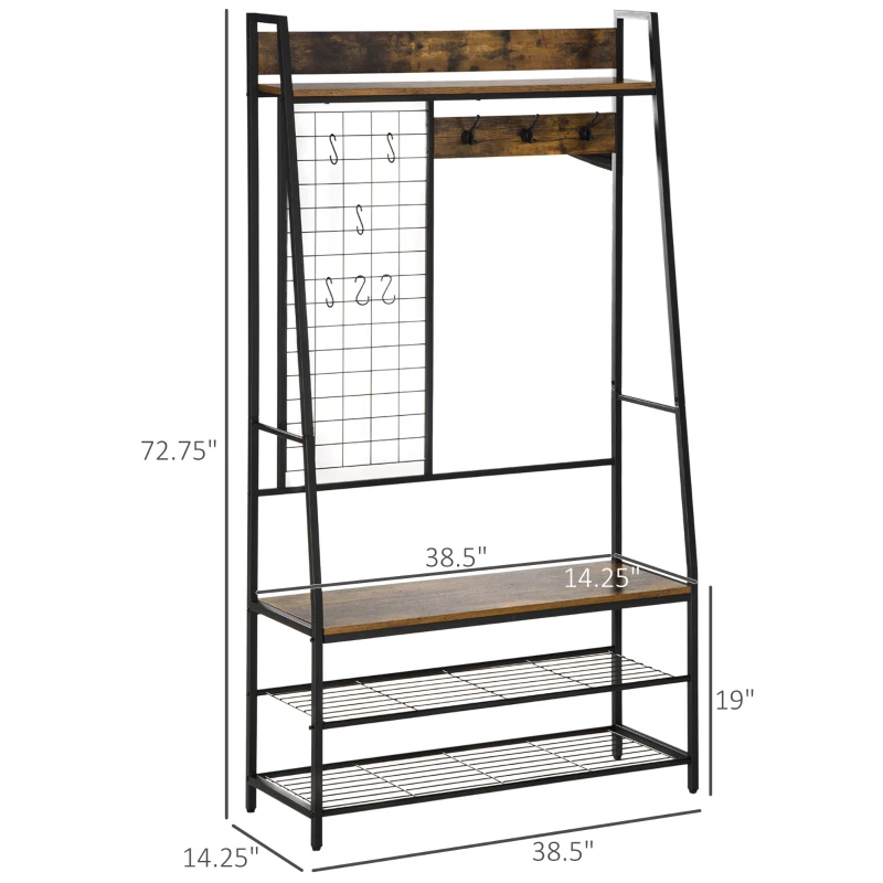 HOMCOM 3-in-1 Hall Tree, Coat Rack Shoe Bench, Coat Hanger with Wire Grid, Hanging Hooks, Mesh Storage Shelves for Hallway, Entryway, Rustic Brown