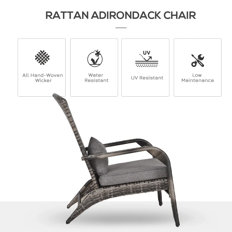 Outsunny Outdoor Classic Rattan Adirondack Deck Chair Armrest Lounge Chair with Cushion Grey