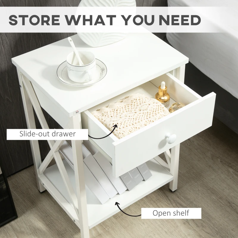 HOMCOM Modern Nightstand, Bedside Table with Drawer and Shelf, Side End Table with Steel Frame for Bedroom, White