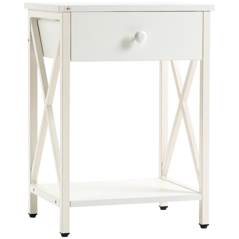 HOMCOM Modern Nightstand, Bedside Table with Drawer and Shelf, Side End Table with Steel Frame for Bedroom, White