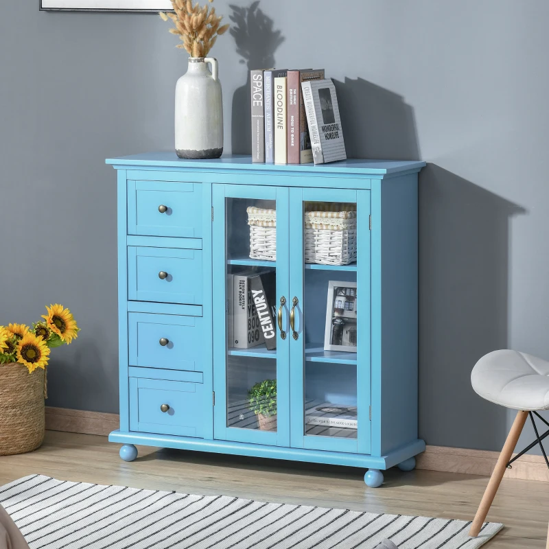 HOMCOM Storage Sideboard Cabinet with 4 Drawers and Glass Door Cupboard, Console Table for Living Room, Kitchen