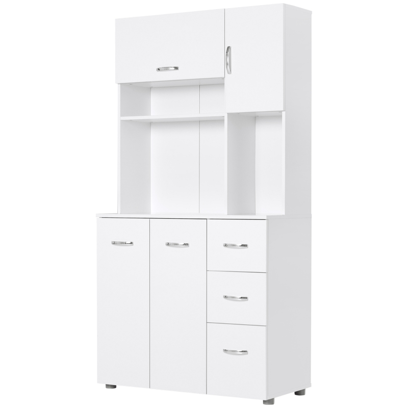 HOMCOM 66" Buffet with Hutch, Freestanding Kitchen Pantry with 2 Large Cabinets, 1 Pull Up Cabinet, 3 Drawers & Wide Countertop, White