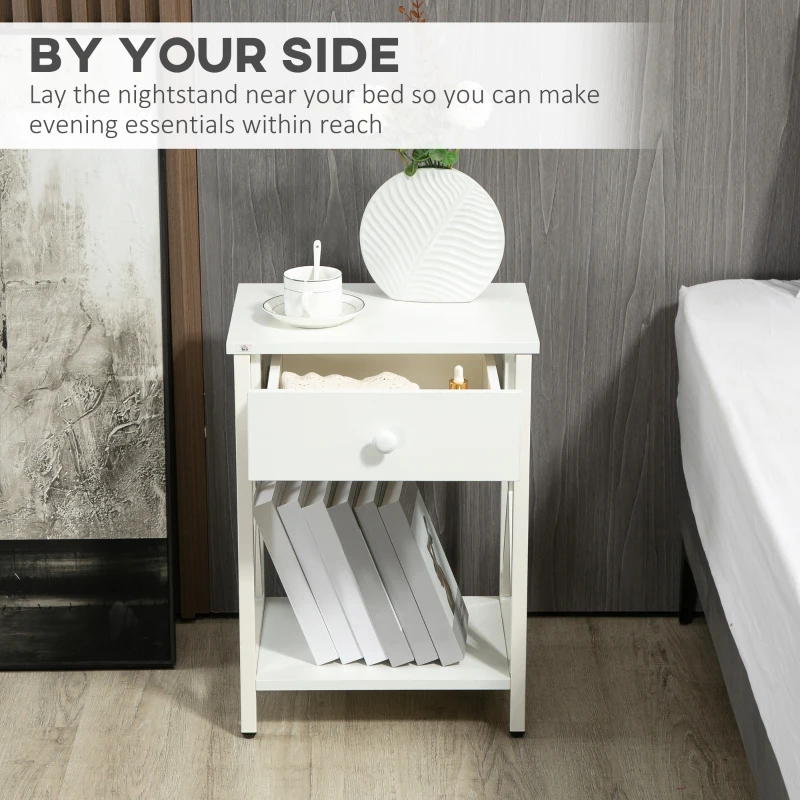 HOMCOM Modern Nightstand, Bedside Table with Drawer and Shelf, Side End Table with Steel Frame for Bedroom, White