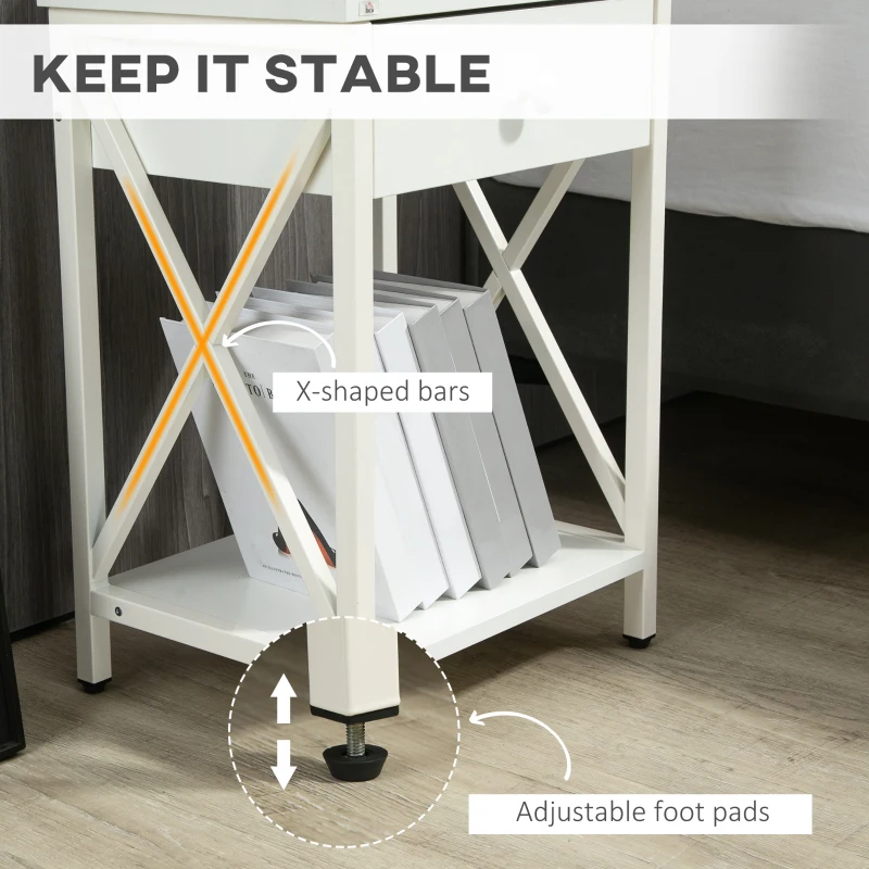 HOMCOM Modern Nightstand, Bedside Table with Drawer and Shelf, Side End Table with Steel Frame for Bedroom, White