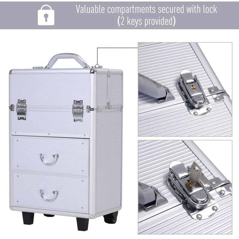HOMCOM Professional Makeup Case, Makeup Box, Salon Beauty Cosmetic Jewellery Organizer Trolley with 2 Wheels, Silver