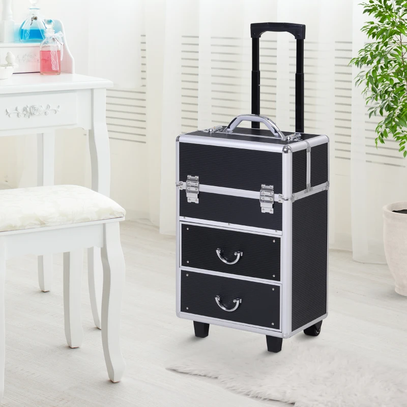 HOMCOM Professional Makeup Case, Makeup Box, Salon Beauty Cosmetic Jewellery Organizer Trolley with 2 Wheels, Black