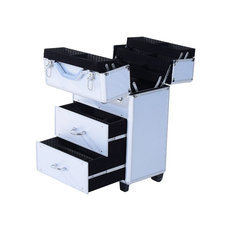 HOMCOM Professional Makeup Case, Makeup Box, Salon Beauty Cosmetic Jewellery Organizer Trolley with 2 Wheels, Silver