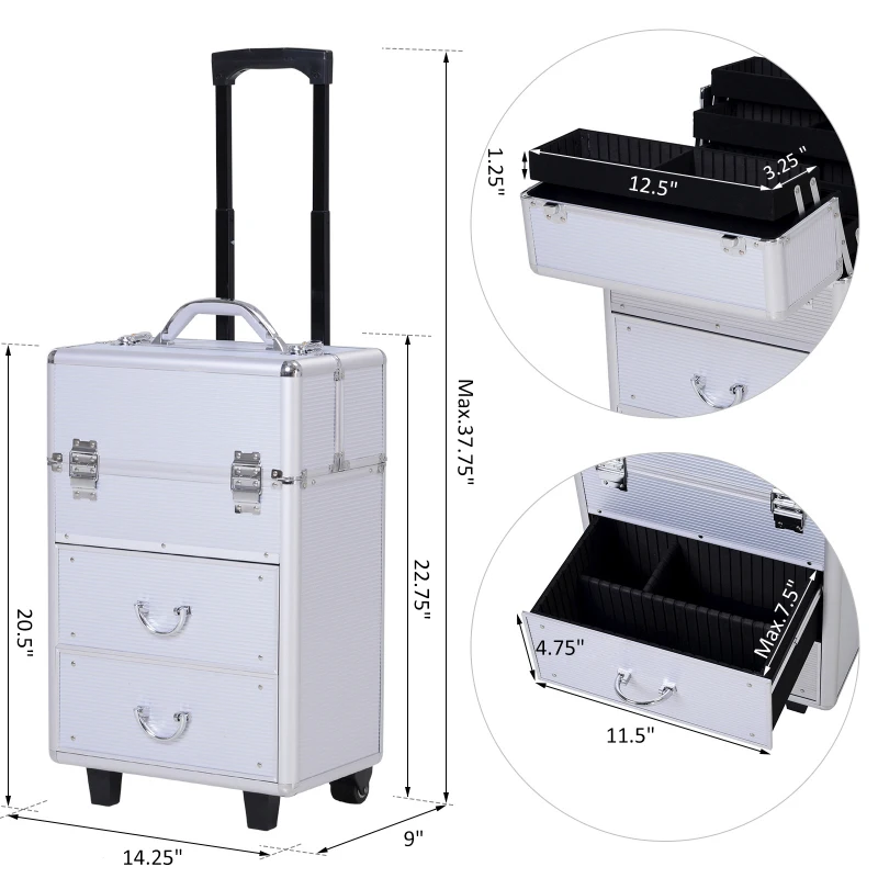 HOMCOM Professional Makeup Case, Makeup Box, Salon Beauty Cosmetic Jewellery Organizer Trolley with 2 Wheels, Silver