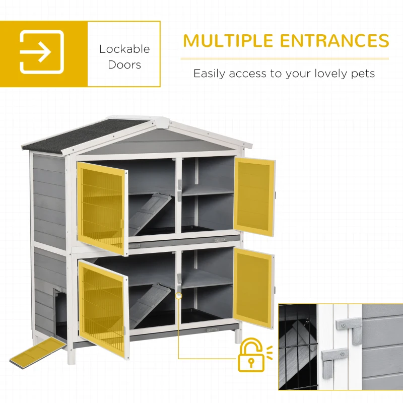 PawHut 47" 2-Floor Large Rabbit Hutch Wooden Pet House Multi-door Bunny Cage Small Animal Habitat with 3 Ramps Lockable Doors Run Area Asphalt Roof for Outdoor Use