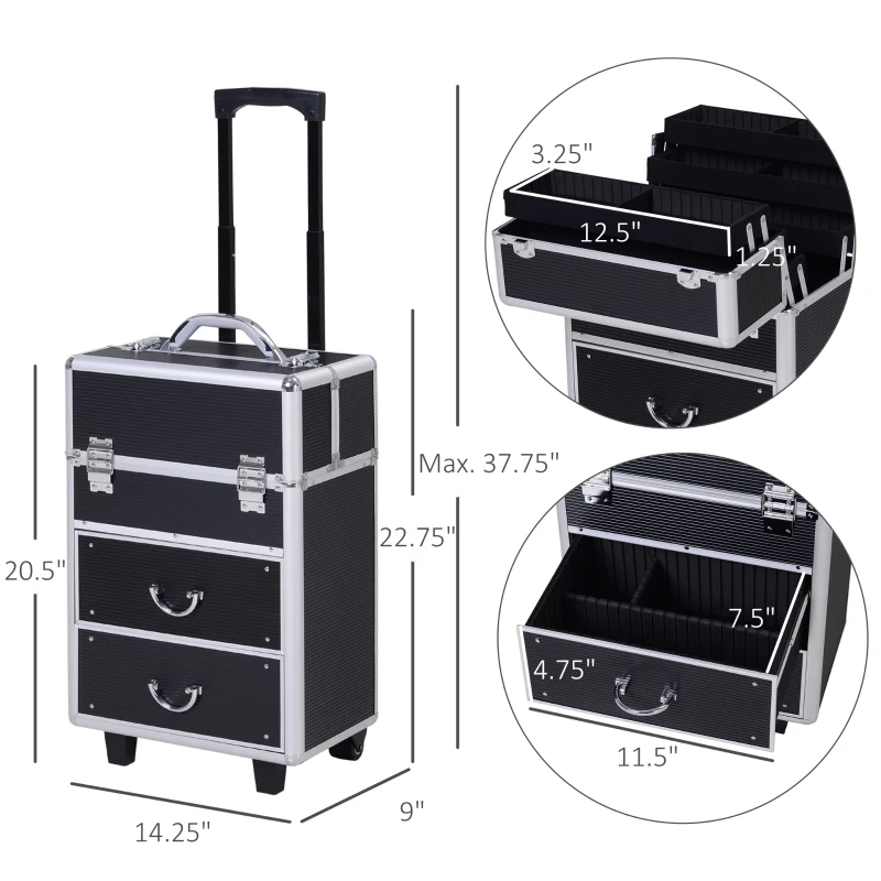 HOMCOM Professional Makeup Case, Makeup Box, Salon Beauty Cosmetic Jewellery Organizer Trolley with 2 Wheels, Black