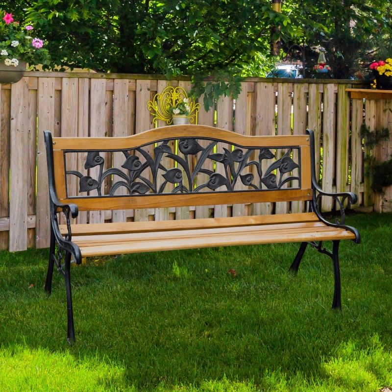 Outsunny 50" 2-Seater Garden Bench Chair, Loveseat for Yard, Lawn, Porch, Patio, Cast Iron/ Wooded, Natural