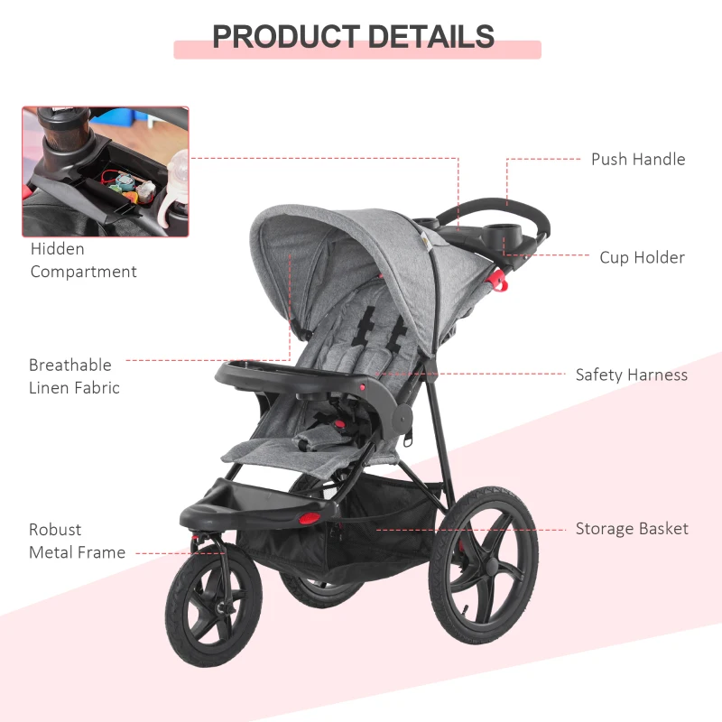 Qaba Baby Stroller Foldable Carriage for Toddler with Adjustable Backrest and Canopy Suspension System Rubber Tire 5-Point Harness Cup Holder Storage Basket Grey