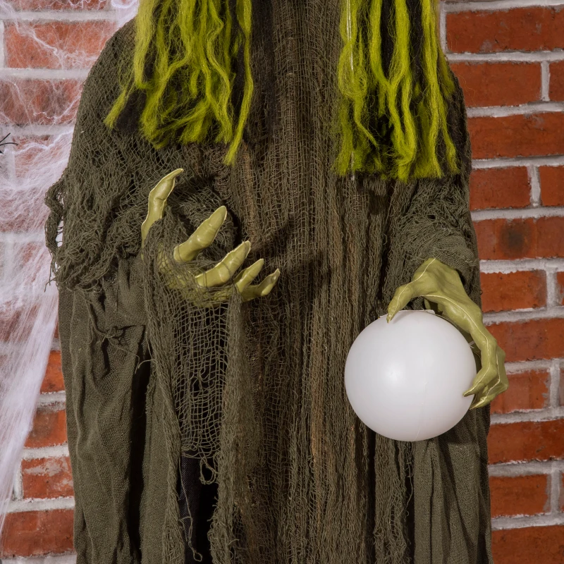 Outsunny 74" Life Size Outdoor Halloween Decorations Talking Zombie Witch, Animated Prop with Sound and Motion Activated Light Up Eyes and Multicolored Crystal Ball, Green