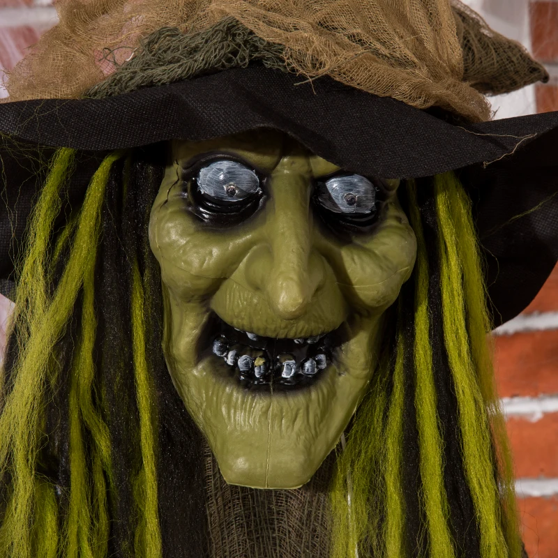 Outsunny 74" Life Size Outdoor Halloween Decorations Talking Zombie Witch, Animated Prop with Sound and Motion Activated Light Up Eyes and Multicolored Crystal Ball, Green