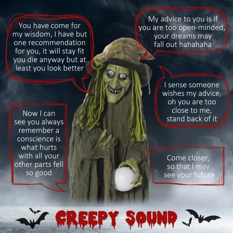 Outsunny 74" Life Size Outdoor Halloween Decorations Talking Zombie Witch, Animated Prop with Sound and Motion Activated Light Up Eyes and Multicolored Crystal Ball, Green