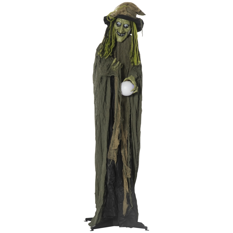 Outsunny 74" Life Size Outdoor Halloween Decoration - Talking Skeleton Witch, Animated Prop with Sound and Motion Activated, Light Up Eyes and Multicolored Magic Ball, Green
