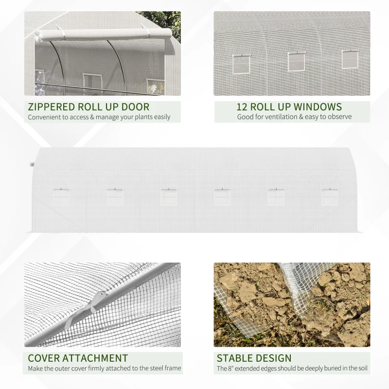 Outsunny 25' x 9.5' x 6.5' Walk-In Greenhouse Tunnel, Large Gardening Plant Hot House with 12 Windows and Zipper Doors for Backyard
