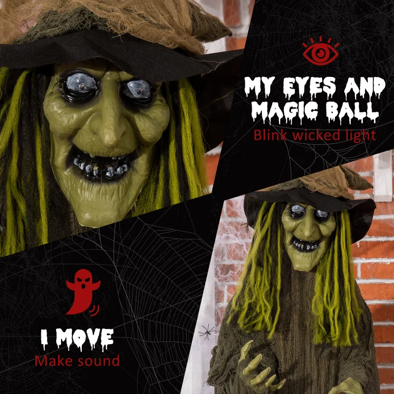Outsunny 74" Life Size Outdoor Halloween Decorations Talking Zombie Witch, Animated Prop with Sound and Motion Activated Light Up Eyes and Multicolored Crystal Ball, Green