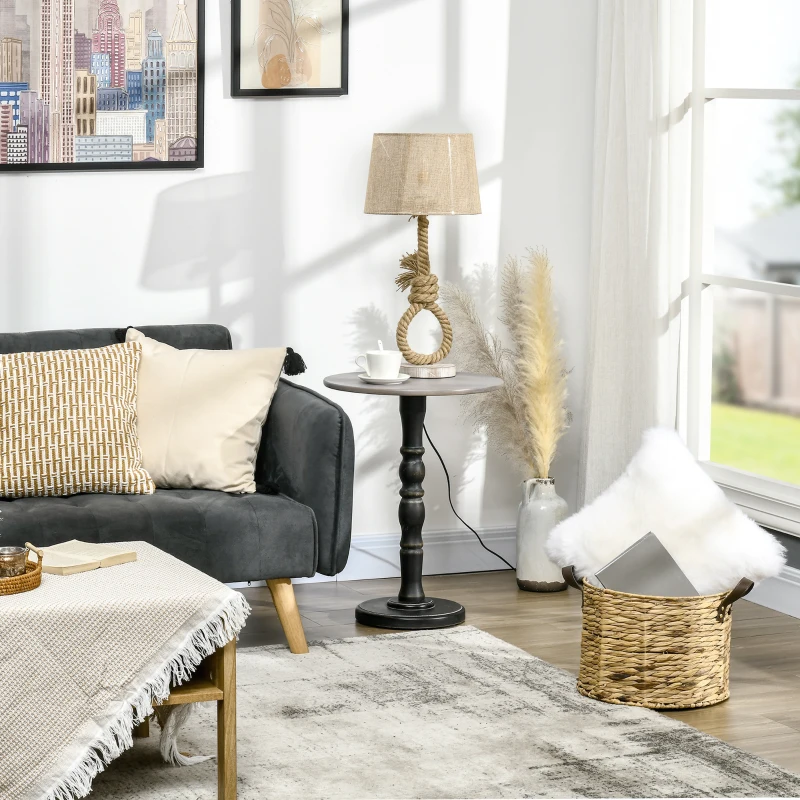 HOMCOM End Table, Round Side Table with Tabletop, Rustic with Solid Wood Leg for Living Room, Bedroom, Light Gray and Black