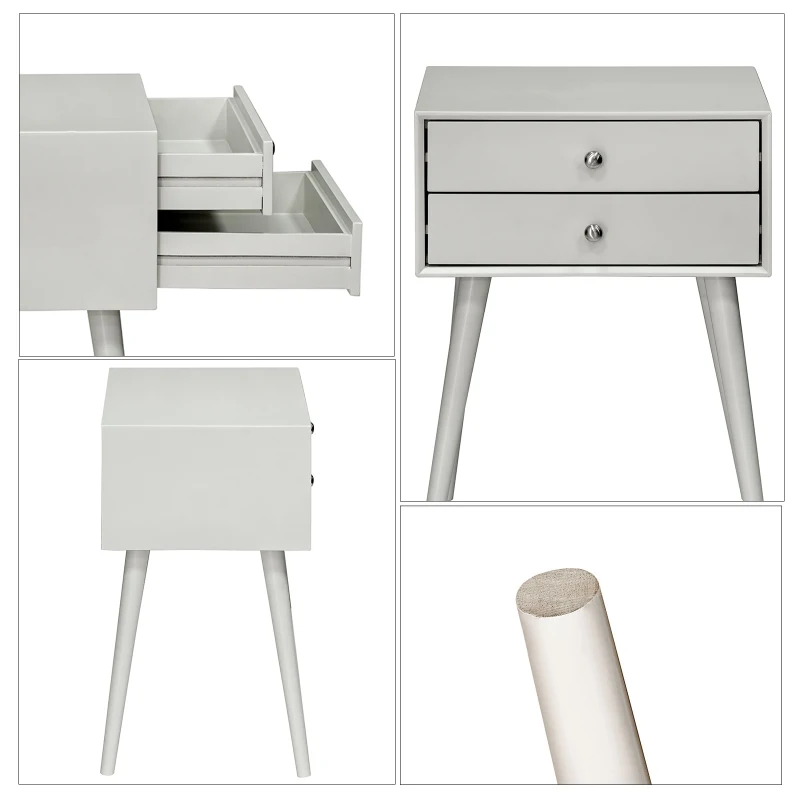 HOMCOM Side Table, Modern End Table with 2 Pull Out Drawers, Bedside Table with Display Tabletop and Solid Acacia Legs, Gray