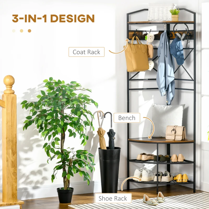 HOMCOM Industrial Corner Hall Tree with Shoe Bench, Entryway Coat Rack, Freestanding Coat Tree with 6 Double Hooks, Rustic Brown