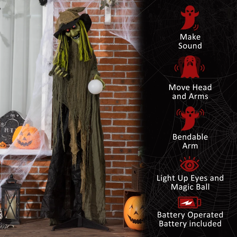 Outsunny 74" Life Size Outdoor Halloween Decorations Talking Zombie Witch, Animated Prop with Sound and Motion Activated Light Up Eyes and Multicolored Crystal Ball, Green