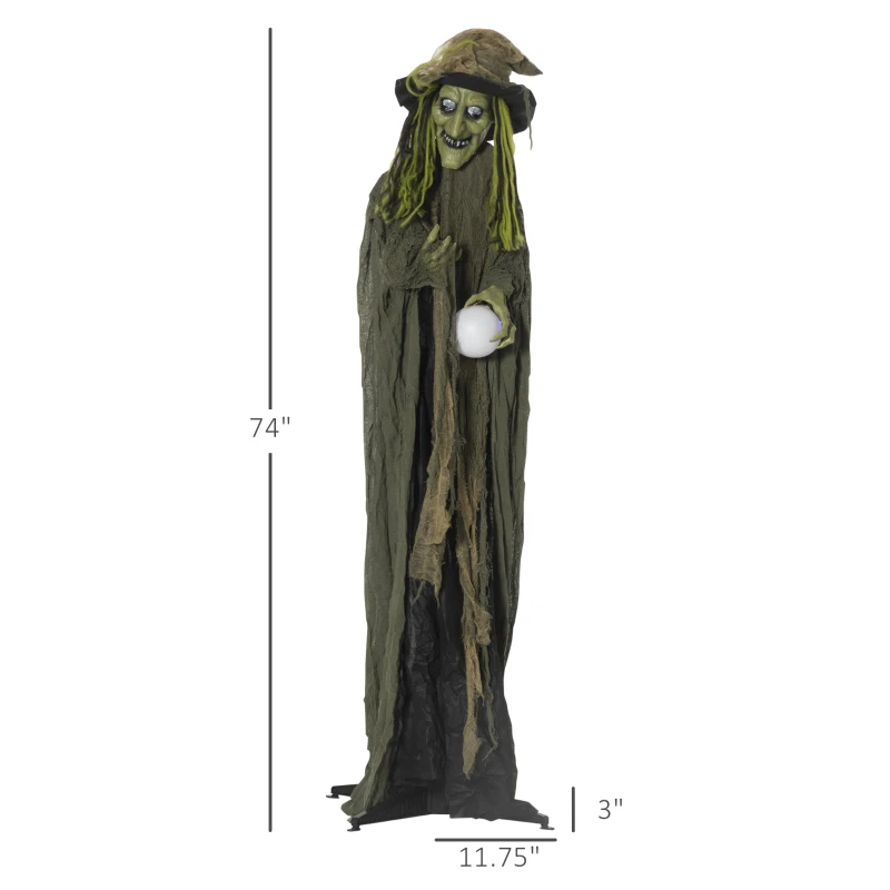 Outsunny 74" Life Size Outdoor Halloween Decorations Talking Zombie Witch, Animated Prop with Sound and Motion Activated Light Up Eyes and Multicolored Crystal Ball, Green