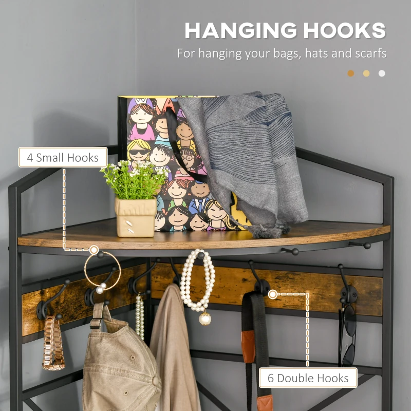 HOMCOM Industrial Corner Hall Tree with Shoe Bench, Entryway Coat Rack, Freestanding Coat Tree with 6 Double Hooks, Rustic Brown