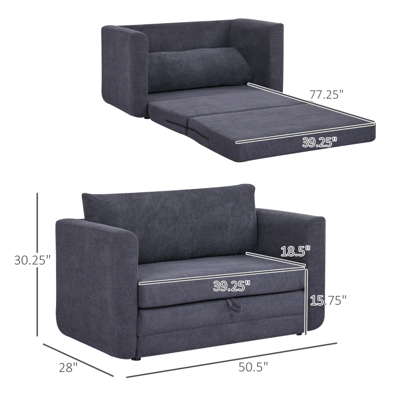 HOMCOM Pull Out Sofa Bed, Modern Convertible Loveseat Sleeper, Upholstered Sleeper Sofa for Small Space, Living Room, Apartment and Dorm, Dark Grey