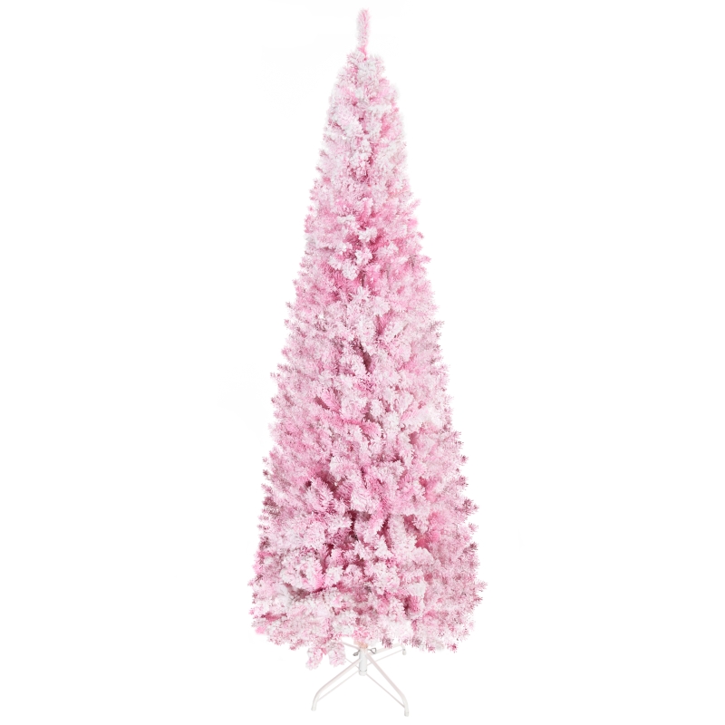 HOMCOM 7.5ft Tall Unlit Snow Flocked Artificial Christmas Tree Slim Pencil Xmas Tree with Pine Shape and Realistic Branches, Pink