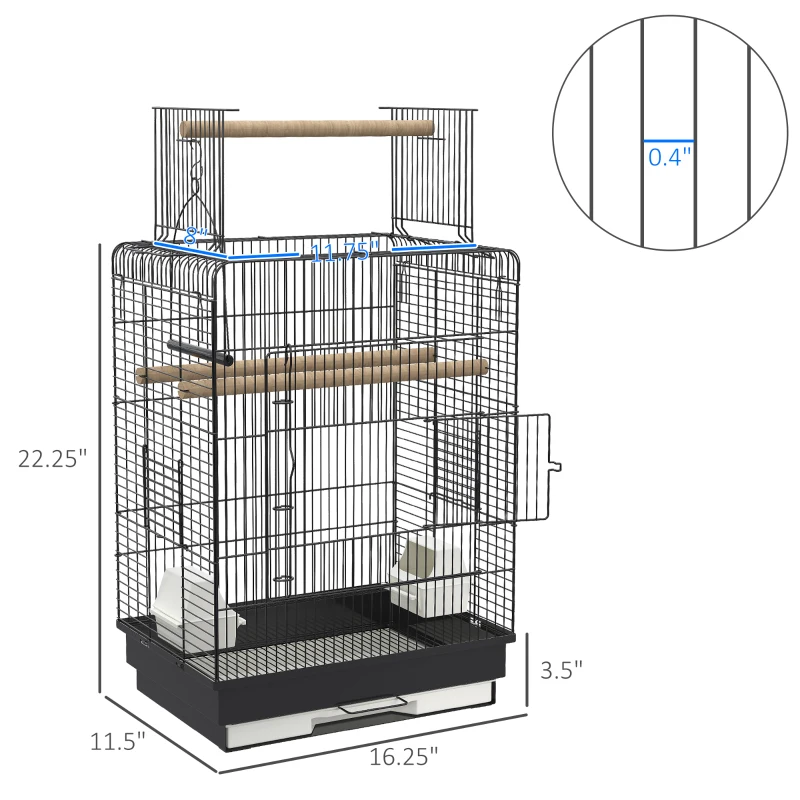 PawHut 22" Bird Cage Flight Parrot House Playpen with Open Play Top and Feeding Bowl Perch Pet Furniture Black