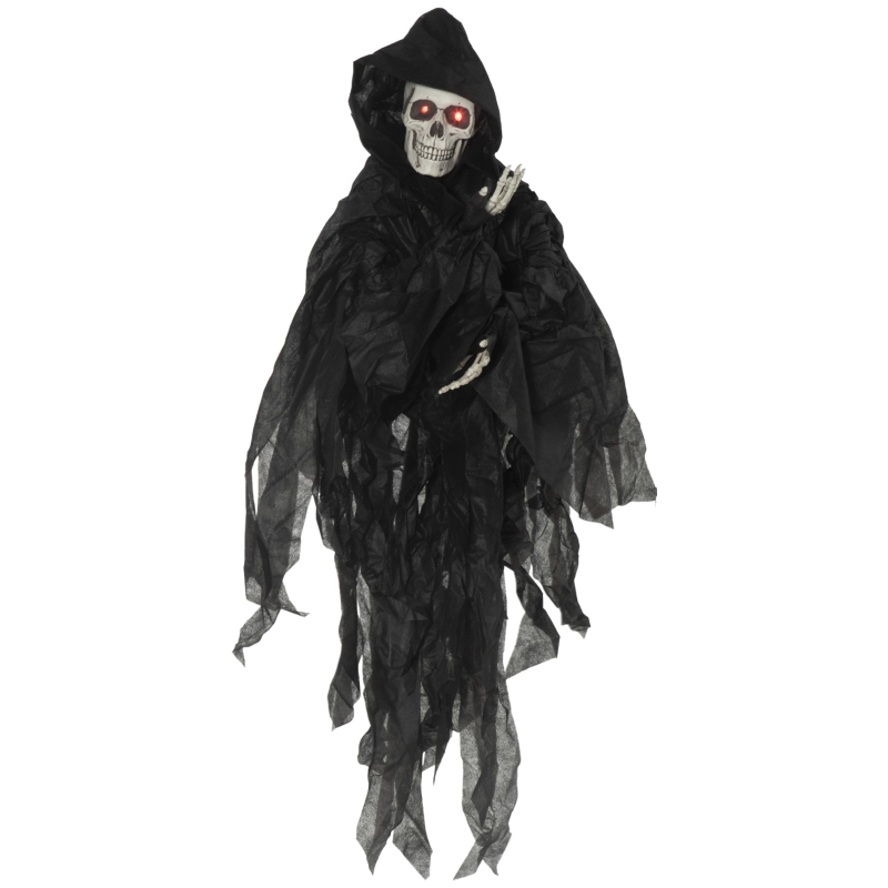 Outsunny 45" Outdoor Halloween Decoration - Hanging Grim Reaper in Black Robe, Festival Prop Décor with Sound and Motion Activated, Light Up Eyes
