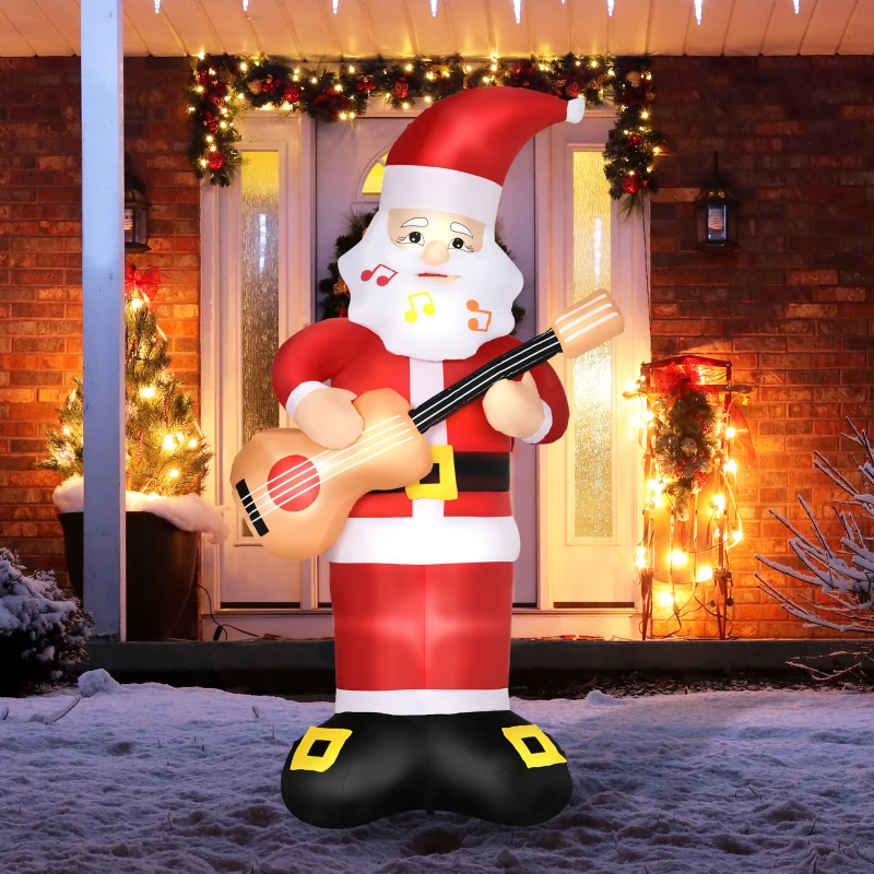 Outsunny 6ft Christmas Inflatables Outdoor Decorations Guitar-playing Santa Claus with Musical Notes Beard, Blow-Up LED Yard Christmas Decor for Lawn Garden Party