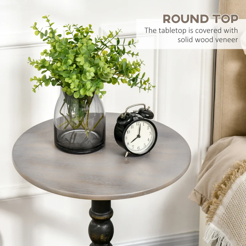 HOMCOM End Table, Round Side Table with Tabletop, Rustic with Solid Wood Leg for Living Room, Bedroom, Light Gray and Black